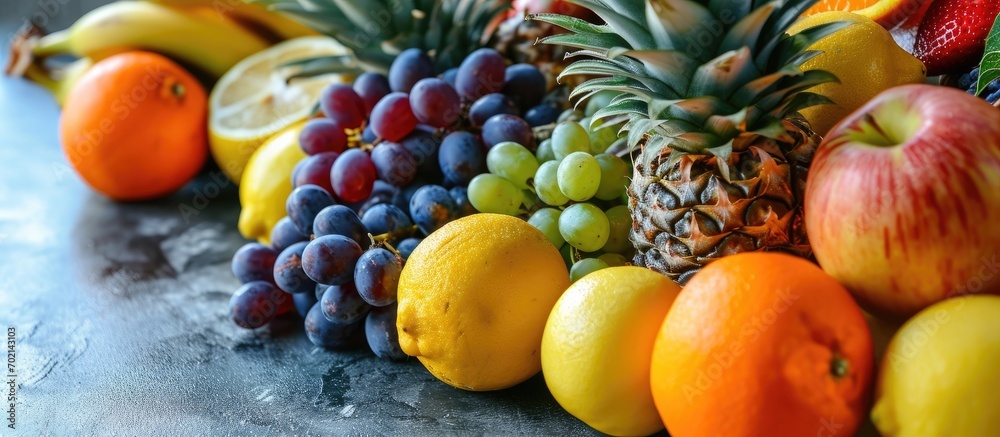 Poster fresh tropical fruits close up pineapple tangerines oranges lemons grapes apples bananas. with copy space image. Place for adding text or design