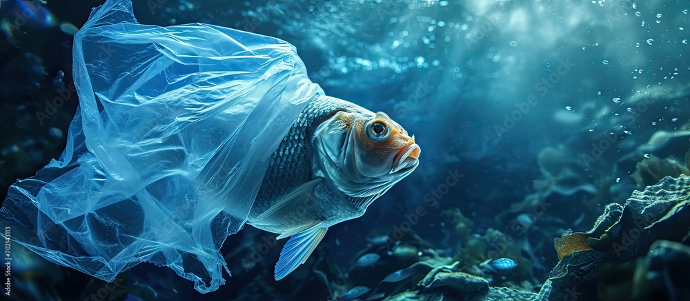 Poster A fish with a plastic bag Pollution in oceans concept. with copy space image. Place for adding text or design