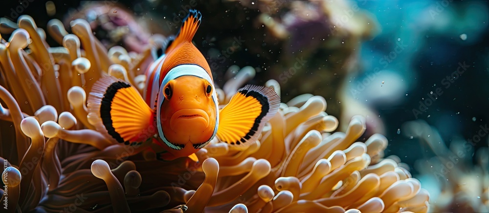 Poster A clown fish swimming in the safety of it s anemone home in Mozambique. with copy space image. Place for adding text or design