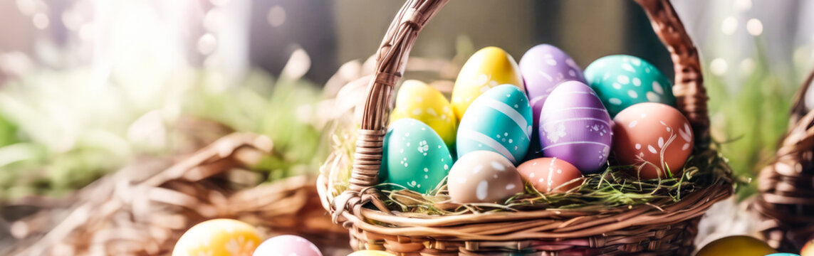 Colorful happy easter eggs in a nest with copy space