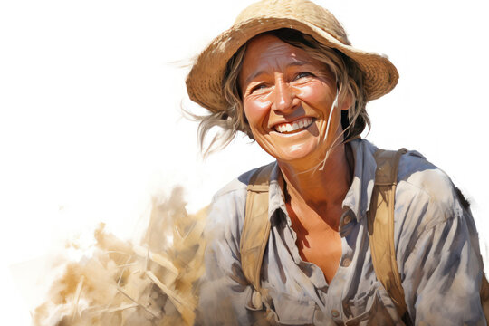 painting of female farmer smiling and wearing a hat