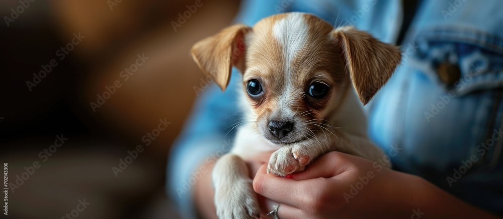 Poster chihuahua dog little miniature puppy on hands of unrecognisable person young woman. with copy space 