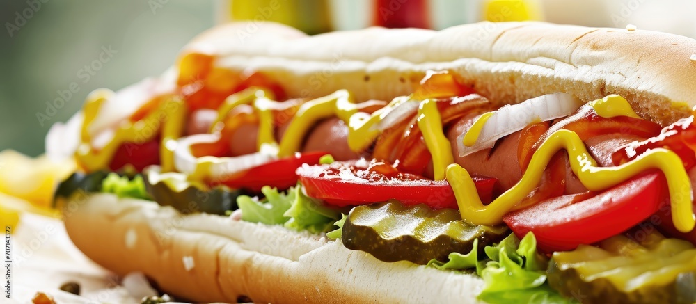 Aufkleber chicago style hot dog with mustard pickle tomato relish and onion. with copy space image. place for 