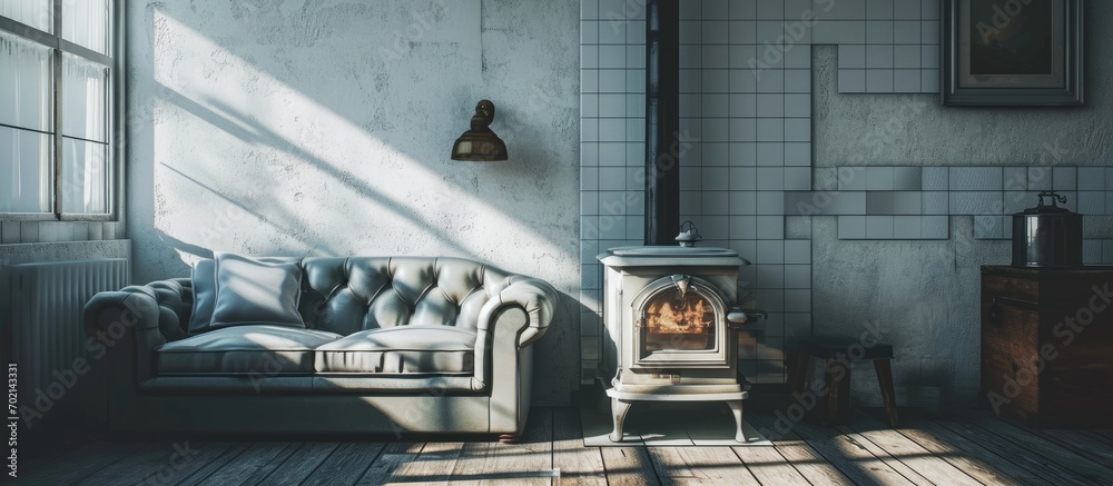 Poster gray and white living room with vintage tiled stove. with copy space image. place for adding text or