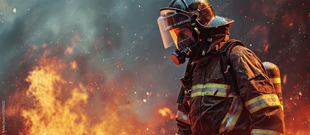 Poster amidst the billowing smoke the professional firefighter stands with unwavering resolve firmly grippi
