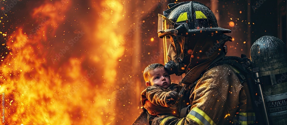 Poster firefighter hero carrying baby girl out from burning building area from fire incident rescue people 