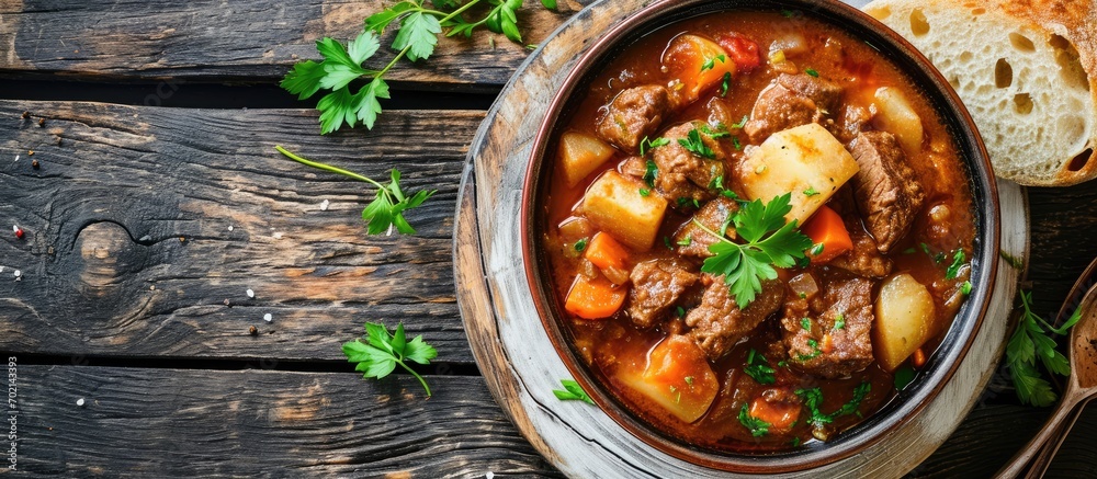 Aufkleber Beef stew served with crusty bread in a bowl. with copy space image. Place for adding text or design