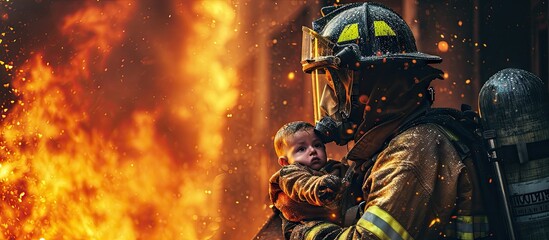 Firefighter hero carrying baby girl out from burning building area from fire incident Rescue people from dangerous place. with copy space image. Place for adding text or design
