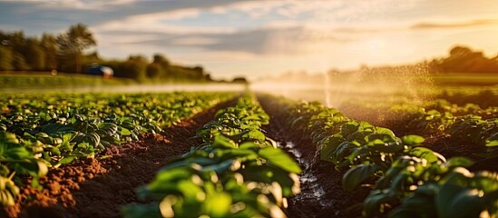 A wheel line sprinkler watering a field of sugar beets. with copy space image. Place for adding text or design - obrazy, fototapety, plakaty