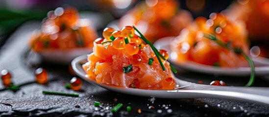 A close up on a taste of gourmet salmon tartare for catering with chives and caviar decorating on an elegant white spoon and presented on a black slate. with copy space image - obrazy, fototapety, plakaty