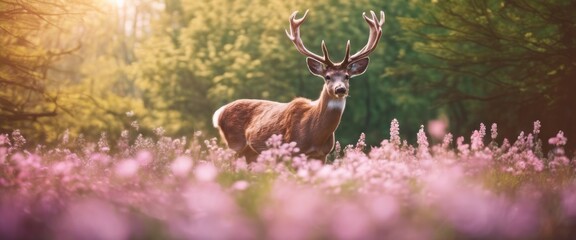 A young deer walks in the forest. Banner. Copy space