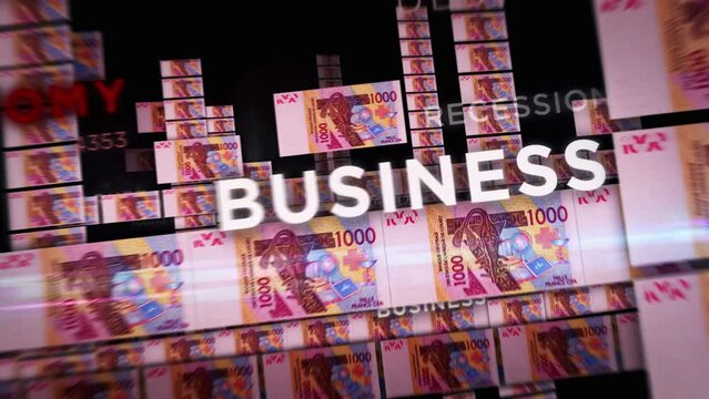 West African CFA Franc money loop 3d animation. Camera flying between XOF banknotes. Finance, economy, crisis, business success, recession, debt and tax seamless looped concept.