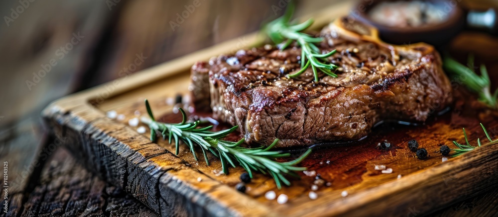 Aufkleber grilled ribeye beef steak served on wooden board with rosemary grilled garlic fork and knife on wood