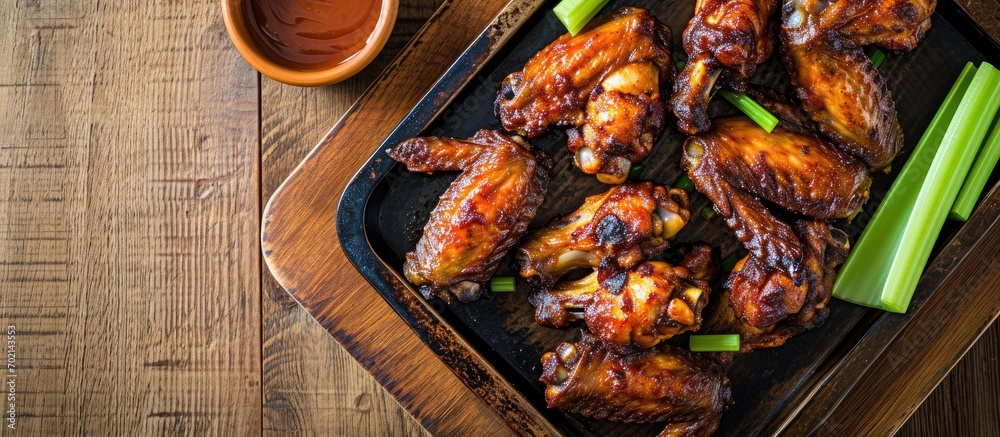 Aufkleber crispy barbecue chicken wings with celery on wooden serving tray. with copy space image. Place for adding text or design