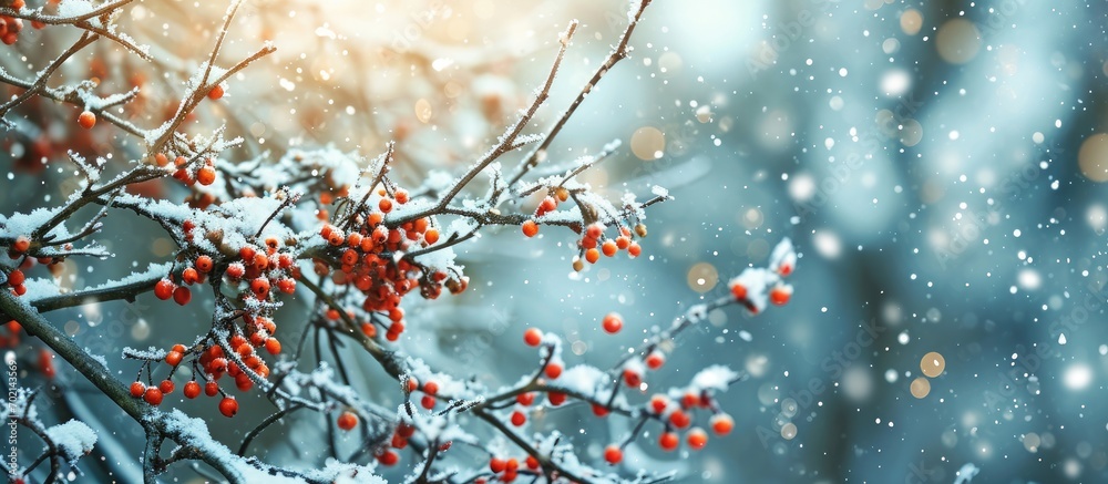 Poster Frost covered rowan branch with red berries on a tree in winter during a snowfall. with copy space image. Place for adding text or design