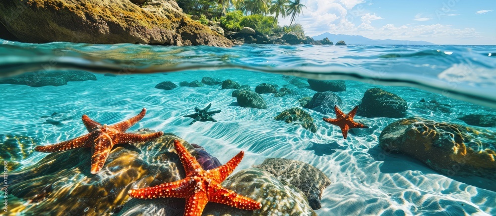 Poster coral reef with starfish and colorful tropical fish caribbean sea. with copy space image. place for 