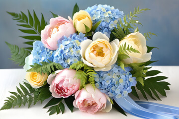 A bouquet of pastel-toned flowers on the table. Generative AI