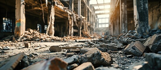 A pile of gray concrete debris against the remains of a large destroyed building Background. with copy space image. Place for adding text or design - obrazy, fototapety, plakaty