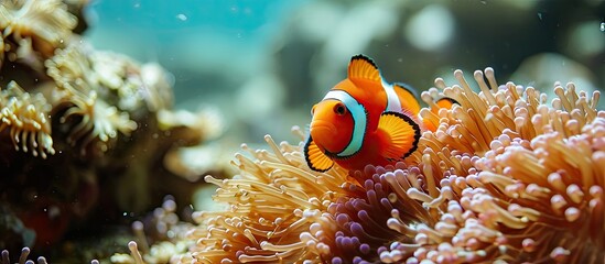 A clown fish swimming in the safety of it s anemone home in Mozambique. with copy space image. Place for adding text or design