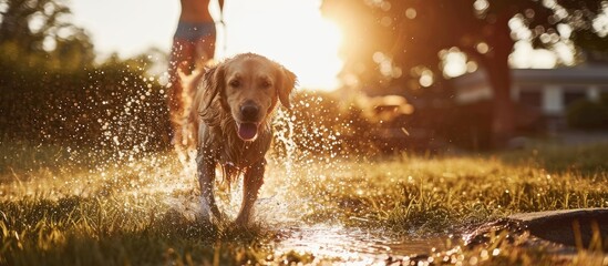 Father Daughter Son Play With Loyal Golden Retriever Dog Tries to Catch Water from Garden Water Hose Family Spending Fun Outdoors Time Together in Backyard Golden Hour Sunset. with copy space image