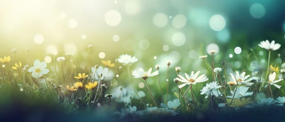 Fototapeten Ultra wide background, softly lit spring foliage, copy space, image for various creative projects © IonelV