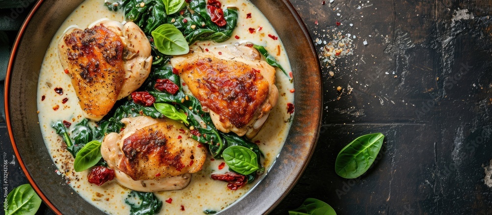 Poster chicken fillet with spinach and sun dried tomatoes in coconut milk healthy food. with copy space ima