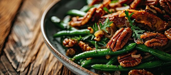 Green beans with caramelized pecans and shallots. with copy space image. Place for adding text or design - obrazy, fototapety, plakaty