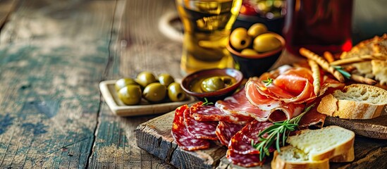 Cured meat and cheese platter of traditional Spanish tapas chorizo salsichon jamon serrano lomo and slices of goat cheese served on wooden board with olives and bread sticks. with copy space image - obrazy, fototapety, plakaty