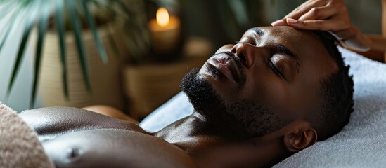 Black man spa and body massage for couple wellness relax therapy and skincare treatment Salon therapist touch muscle reflexology and healing of sleeping african guy on bed stress relief and zen - obrazy, fototapety, plakaty