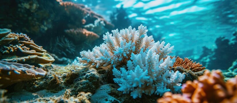 A Pacific coral has bleached due to higher than normal sea surface temperatures Bleaching is the loss of symbiotic zooxanthellae from the coral s tissues. with copy space image