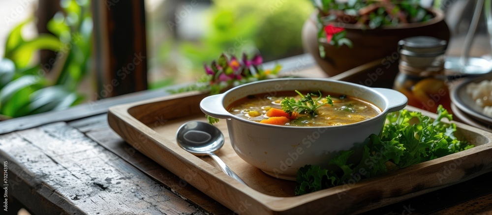 Poster Chicken soup in white bowl on wooden tray. with copy space image. Place for adding text or design