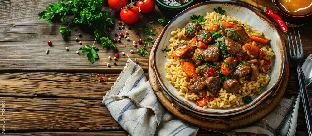Fototapete fragrant pilaf with meat and vegetables close up on a plate top view on wooden table fork knife and 