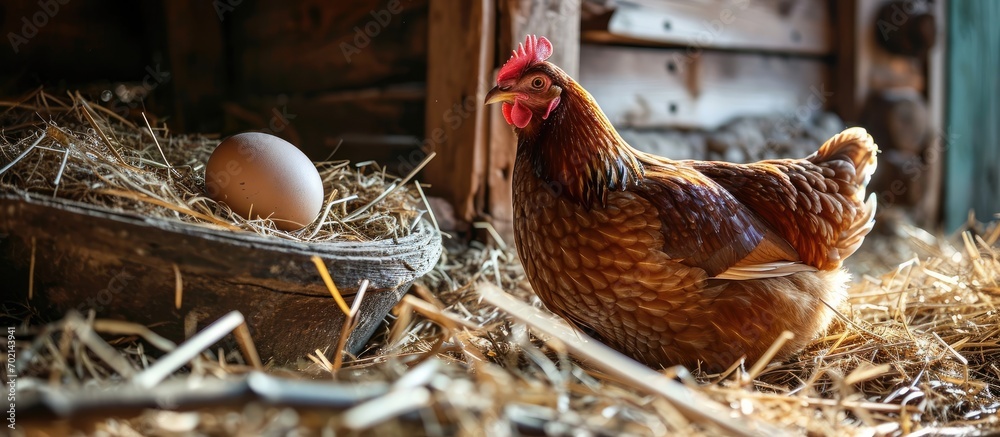Poster brown hen sitting in nest with egg hen and egg hen poultry hatching egg brood hen farming and chicken coop. with copy space image. Place for adding text or design