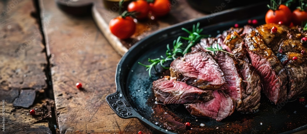 Poster boneless beef roast on a serving platter sliced for a holiday dinner. with copy space image. place f