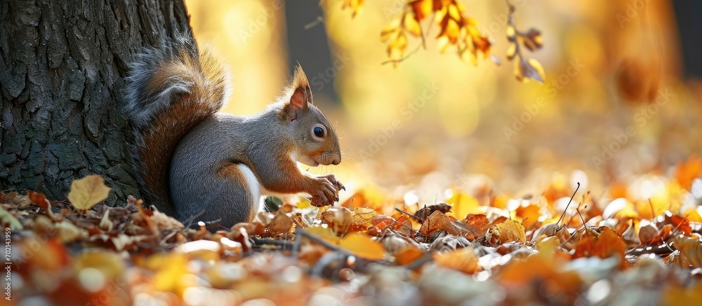 Aufkleber a squirrel near a tree eats nuts Autumn fallen yellow foliage. with copy space image. Place for adding text or design
