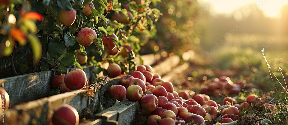 Aufkleber apples in a boxes after harvest transport between rows of orchard to the cold storage farmers pick r