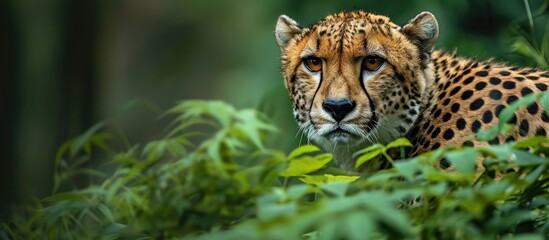 A cheetah standing alone in its natural habitat looking back green background copy space for text. with copy space image. Place for adding text or design