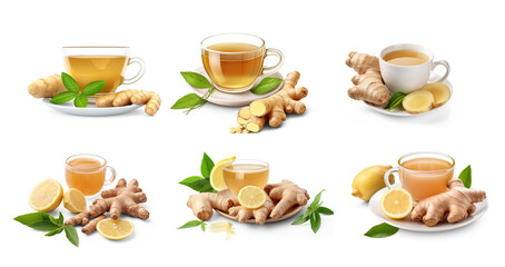 Set Fresh ginger roots, lemon and cup of tea isolated on transparent or white background, png
