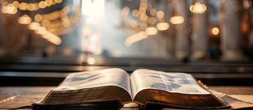 Apostolic Pentecostal Church Service Preaching Praise and Worship Praying Holy Ghost Speaking in Tongues Bible. with copy space image. Place for adding text or design