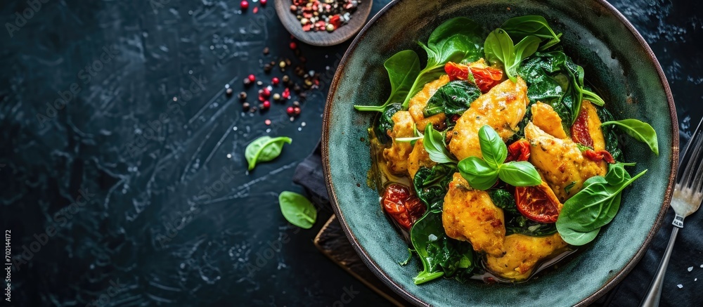 Poster chicken fillet with spinach and sun dried tomatoes in coconut milk healthy food. with copy space ima
