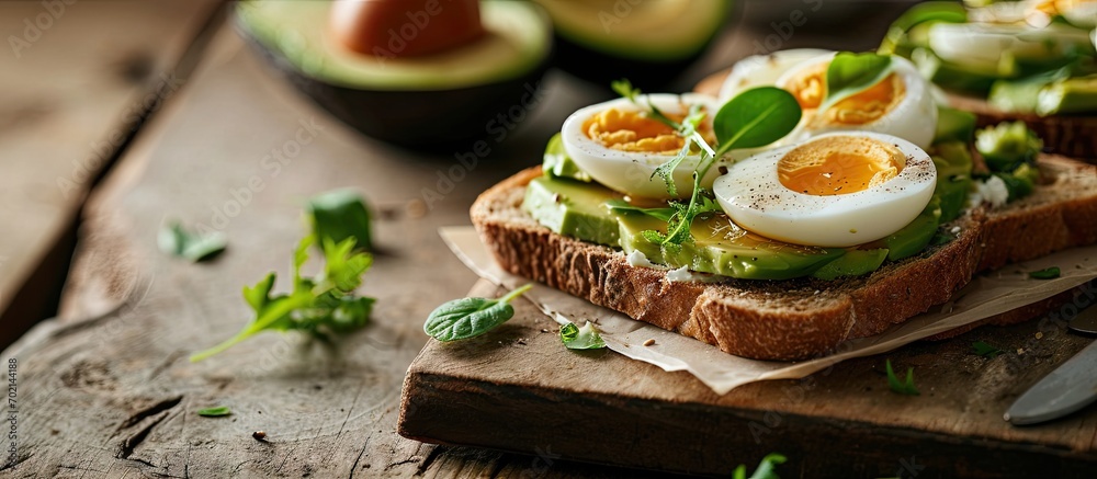 Aufkleber a breakfast avocado sandwich with boiled egg. with copy space image. Place for adding text or design