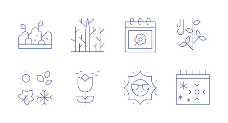 Seasons icons. Editable stroke. Containing bush, dry tree, pollen, spring, sun, seasons, winter, tree branch.