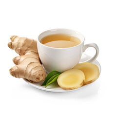 Fresh ginger roots, lemon and cup of tea isolated on transparent or white background, png
