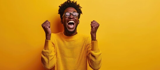 A happy young man raises his hands in elation Reaction after hearing good news. with copy space image. Place for adding text or design - obrazy, fototapety, plakaty