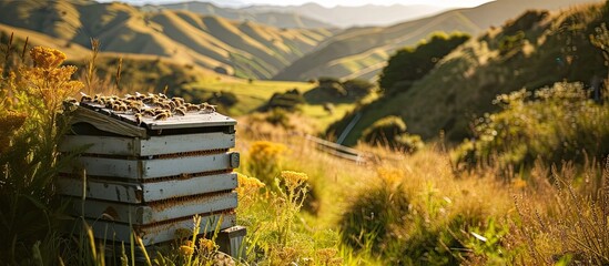bee hives on hillside in New Zealand one third of all food consumed each day relies on pollination mainly by bees. with copy space image. Place for adding text or design
