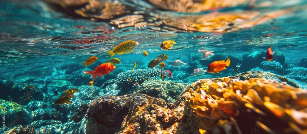 Aufkleber Abstract shot of a Colorful fish in the clear seetrue waters of the Red Sea. with copy space image. Place for adding text or design