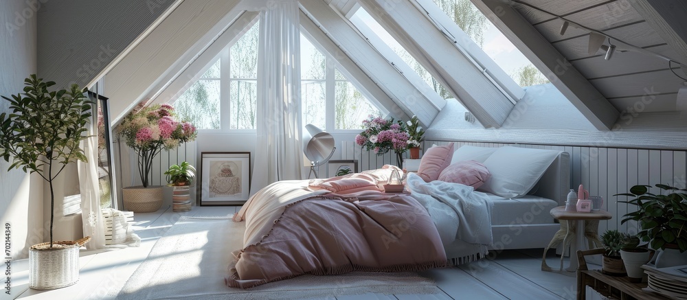 Poster Bedroom with bed in cozy interior in white and pink color Scandinavian style in room in the attic with double bed. with copy space image. Place for adding text or design