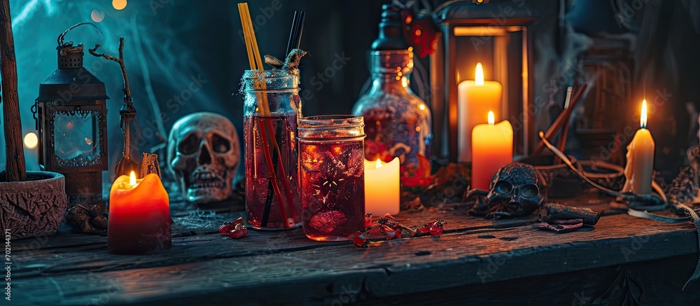 Poster Halloween table setting for drinks A glass jar with straws candles and a skull on a dark background Halloween decorations. with copy space image. Place for adding text or design