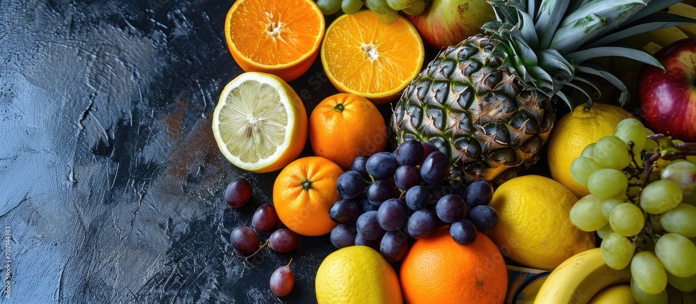 Poster fresh tropical fruits close up pineapple tangerines oranges lemons grapes apples bananas. with copy space image. Place for adding text or design