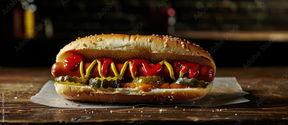 Poster Chicago Style Hot Dog with Mustard Pickle Tomato Relish and Onion. with copy space image. Place for adding text or design